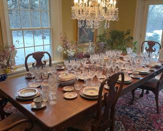 Italian Crystal Chandelier (one of 2) above a Baker Mahogany Dining Table with 6 Chairs, 3 Leaves, and Pads