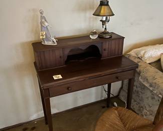 Antique chair, closed petit desk, brass lamp