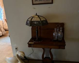Harp table, Tiffany style lamp and antique decanter set