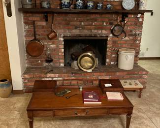 Flow blue pitchers and coffee table, antique copper and crocks