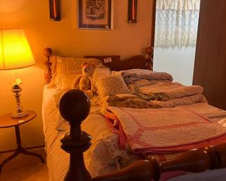 Antique rope bed, quilts, linens