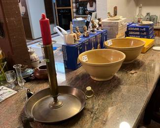 Yellow ware bowls and Hummels
