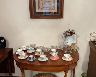 Hitchcock cherry 3 pieces connected makes a large dining room table. When separated makes 2 Demi lume tables and one drop leaf table 