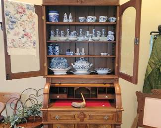 Antique Victorian secretary cabinet (parlor chairs on left are not available)