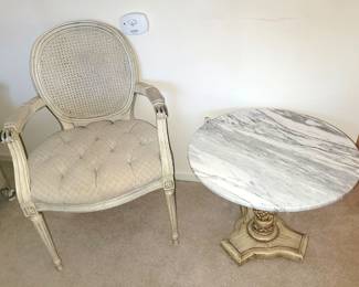 Vintage French Louis XVI Tufted Armchair. Pedestal marble-top round table