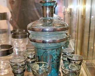 Italian Turquoise Glass Decanter Set with Six Glasses with Silver Overlay  