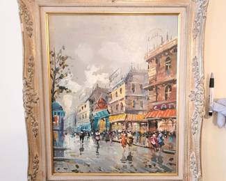 Original vintage oil painting - street scene