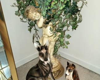 Dog statues (smaller dog on right is a Capodimonte. Cherub planter