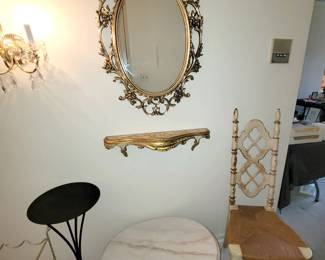 Gilded Mirror and shelf. Small marble top table.