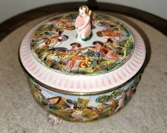 Vintage Italian Capodimonte cherub lidded footed bowl