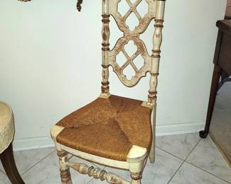 Vintage French country accent chair with rush seat (signed on the bottom)