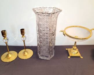 Brass and crystal candleholders. Vintage crystal vase