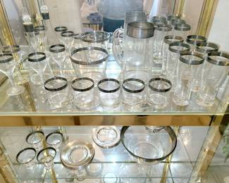 VTG MCM Silver Rimmed Glasses of many sorts and pitcher. Plus chip and dip bowl