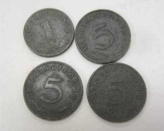THREE 5 REICHSPPFENNIG, AND ONE 1944-G 1 REICHSPPFENNIG WORLD WAR II 