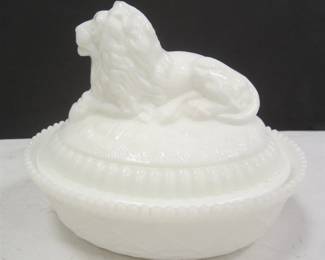 MILK GLASS LION ON NEST