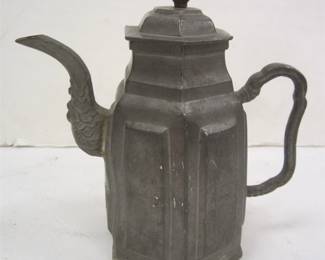  A SIGNED CHINESE LATE QING PEWTER FOOTED TEAPOT. 6.75" TALL. HAS DENTS 