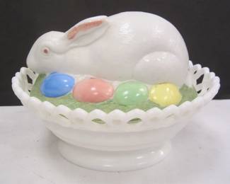 MILK GLASS RABBIT ON NEST