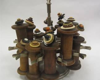 CHILLES ROTATING RACK WITH ANTIQUE WOOD SPOOLS AND BUTTONS 