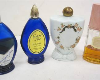 FOUR PERFUME BOTTLES:    EVENING IN PARIS 2 FL. OZ.,
 EVENING IN PARIS COLOGNE BOURJOIS,  CHANTILLY SPRAY MIST,  WHITE GLASS COLOGNE BOTTLE