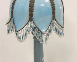 NEWER BLUE FLASHED GLASS LAMP WITH OLDER BLUE SLUMP GLASS SHADE