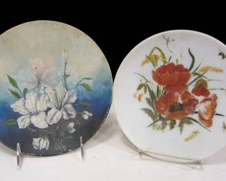 PATENTED 1880 PAPER COMPOSITION "PLATE" WITH PERIOD PAINTING OF IRIS BLOSSOMS.   WHITE SATIN GLASS DISH WITH PAINTING OF BLOSSOMS AND BEES