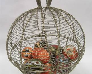 WIRE BASKET OF PAINTED EGGS