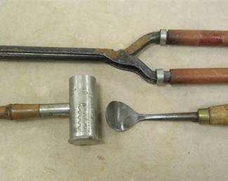 THREE ANTIQUE TOOLS:  HAIR CURLING IRON, GUN POWDER MEASURING TOOL, CARVING SPOON