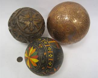  THREE DECORATIVE BALLS: ONE CARVED MAHOGANY, ONE ETCHED/PAINTED WOOD, AND ONE HAMMERED COPPER COVERED ASSEMBLED WITH BRASS TACKS