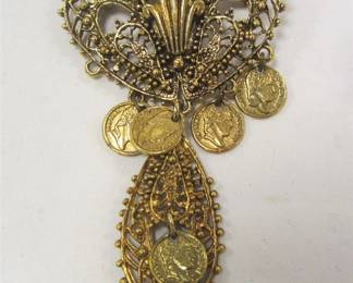 CA 1970'S ART FILIGREE DANGLE PIN WITH SMALL COINS