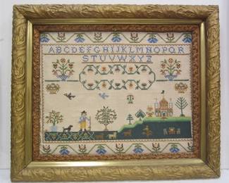  CROSS STITCH SAMPLER IN MULTI-LAYERED ANTIQUE FRAME.16" X 20" 