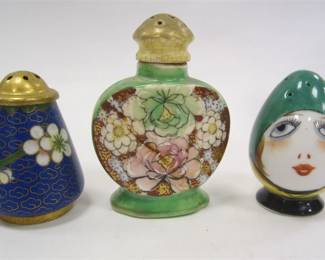 THREE SINGLE SHAKERS:   CHINESE CLOISONNE',
JAPANESE PORCELAIN EGG FORM WITH LADIES FACE,     TALL JAPANESE SNUFF BOTTLE SHAPED SHAKER WITH THREADED LID. HAND PAINTED.  CHIP INSIDE OF LID - DOESN'T AFFECT DISPLAY OR USE