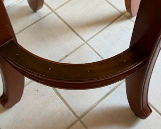 Set of 4 Brunswick Leather Upholstered Chestnut Finish Swivel Bar Stools with Copper Foot Rest Trim. 32" H Seat Height. Some Trim is Fraying on Seat. Photo 4 of 4.