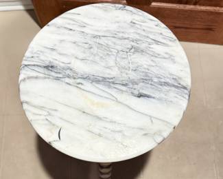 Turned Natural Wood Marble Top Side Table - 2 Available. Photo 2 of 2.