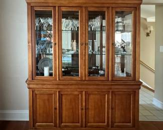 National Mt. Airy Chestnut Finish French Provincial Bookcase / Cabinet with Glass Shelves, Mirrored Back and Interior Lighting. Photo 1 of 3.