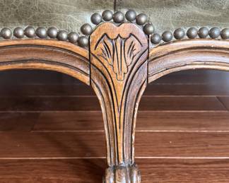 Louis XV-Style Full-Grain Moss Colored Leather Loveseat. Solid Maple Frame with Burnished Cherry Finish. Down-Filled Cushions. Measures 54" W x 33.5" H x 33.5" D. Photo 2 of 4.