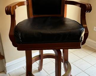 Set of 4 Brunswick Leather Upholstered Chestnut Finish Swivel Bar Stools with Copper Foot Rest Trim. 32" H Seat Height. Some Trim is Fraying on Seat. Photo 1 of 4.