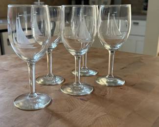 Set of 5 Etched Glass Wine Glasses with Sailboat Motif. Photo 2 of 2.