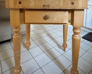 Boos Rustic Butcher Block Table with Turned Legs and Drawer. Measures 34" x 24" x 34.5" H. Photo 1 of 3.