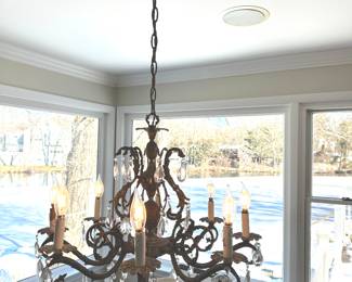 Chandelier VIntage Large Brass w Hanging Crystals