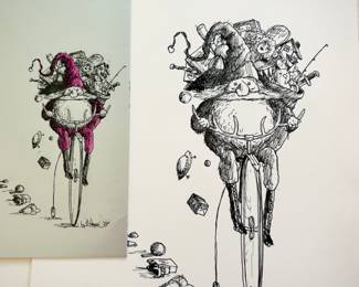 W. B. Park magazine proof - original ink & watercolor - Santa on bicycle