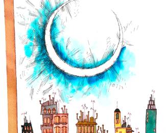 W. B. Park magazine proof - original ink & watercolor - the moon over the city