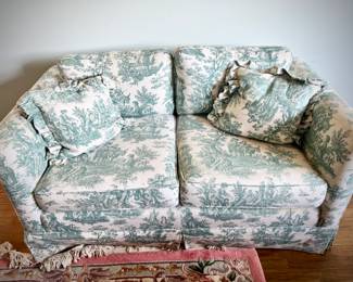 Vintage green toile loveseat (also matching duvet