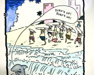 W. B. Park magazine proof - original ink & watercolor from "Off The Leash" cartoon - caption is "Shark Ventriloquist" (not shown)