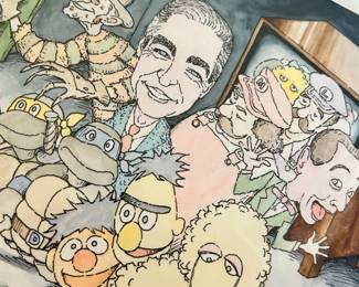 W. B. Park magazine proof - original ink & watercolor - TV entertainment industry - Sesame Street Big Bird, Bert & Ernie, Teenage Mutant Ninja Turtles, Freddy Kruger, Nightmare on Elm Street, Mr. Rogers, Mario Brothers, Pee Wee Herman
