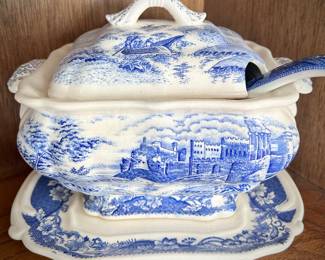 Blue transferware soup tureen with ladle