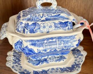 Blue transferware soup tureen with ladle
