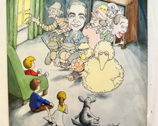 W. B. Park magazine proof - original ink & watercolor - TV entertainment industry - Sesame Street Big Bird, Bert & Ernie, Teenage Mutant Ninja Turtles, Freddy Kruger, Nightmare on Elm Street, Mr. Rogers, Mario Brothers, Pee Wee Herman