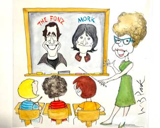 W. B. Park magazine proof - original ink & watercolor - Henry Winkler "The Fonz" and Robin Williams "Mork from Ork" entertainment industry