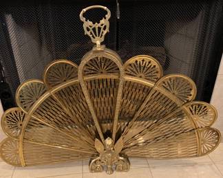 vintage peacock brass fireplace screen, tail folds up