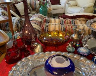 Arthurs Court large platter, carnival glass, art glass